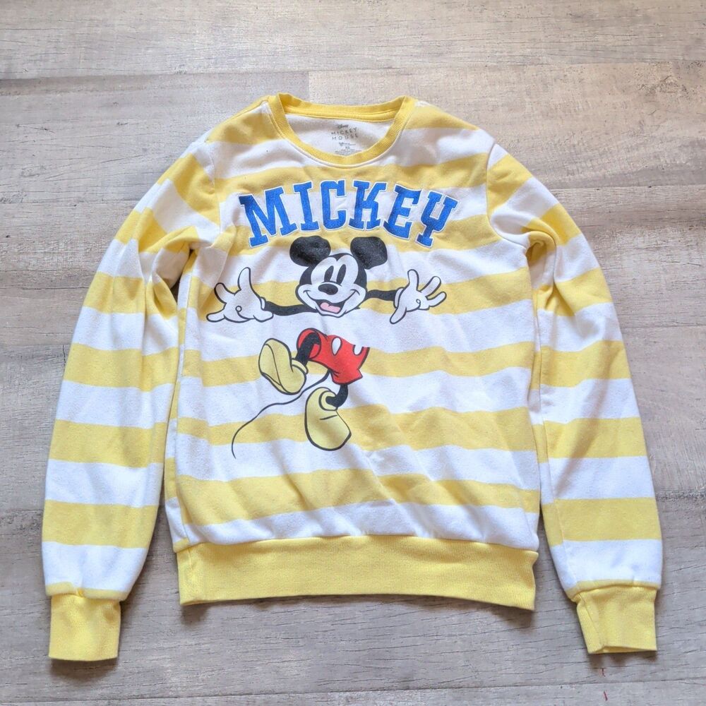 Disney Mickey Mouse Women’s Sz XS Pullover Sweatshirt Yellow White Stripes